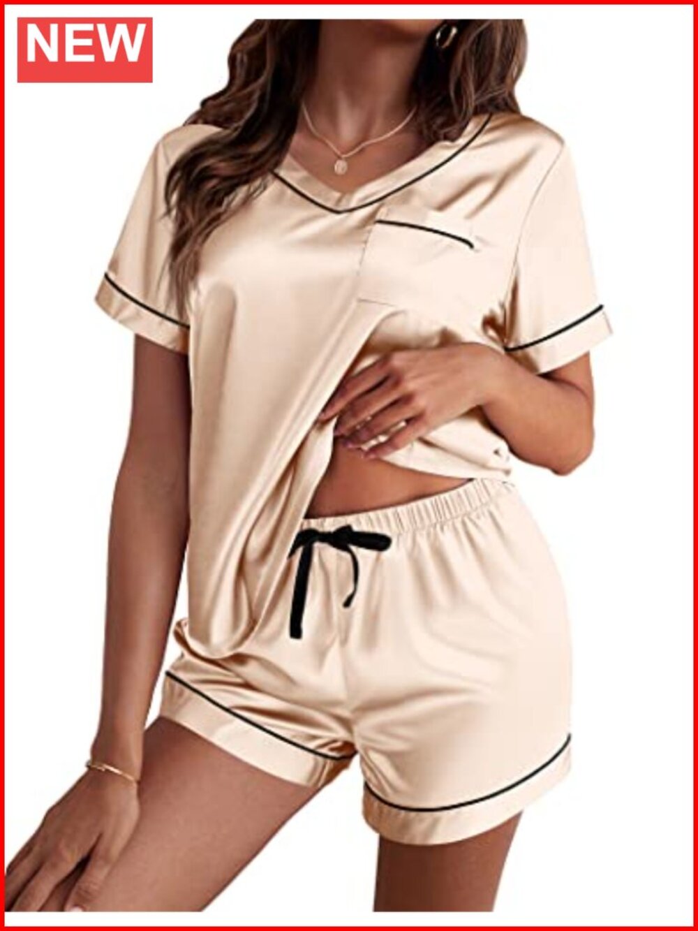 Satin Pajama Set Short Sleeve V-Neck Women Two Piece With Pocket Soft Silky